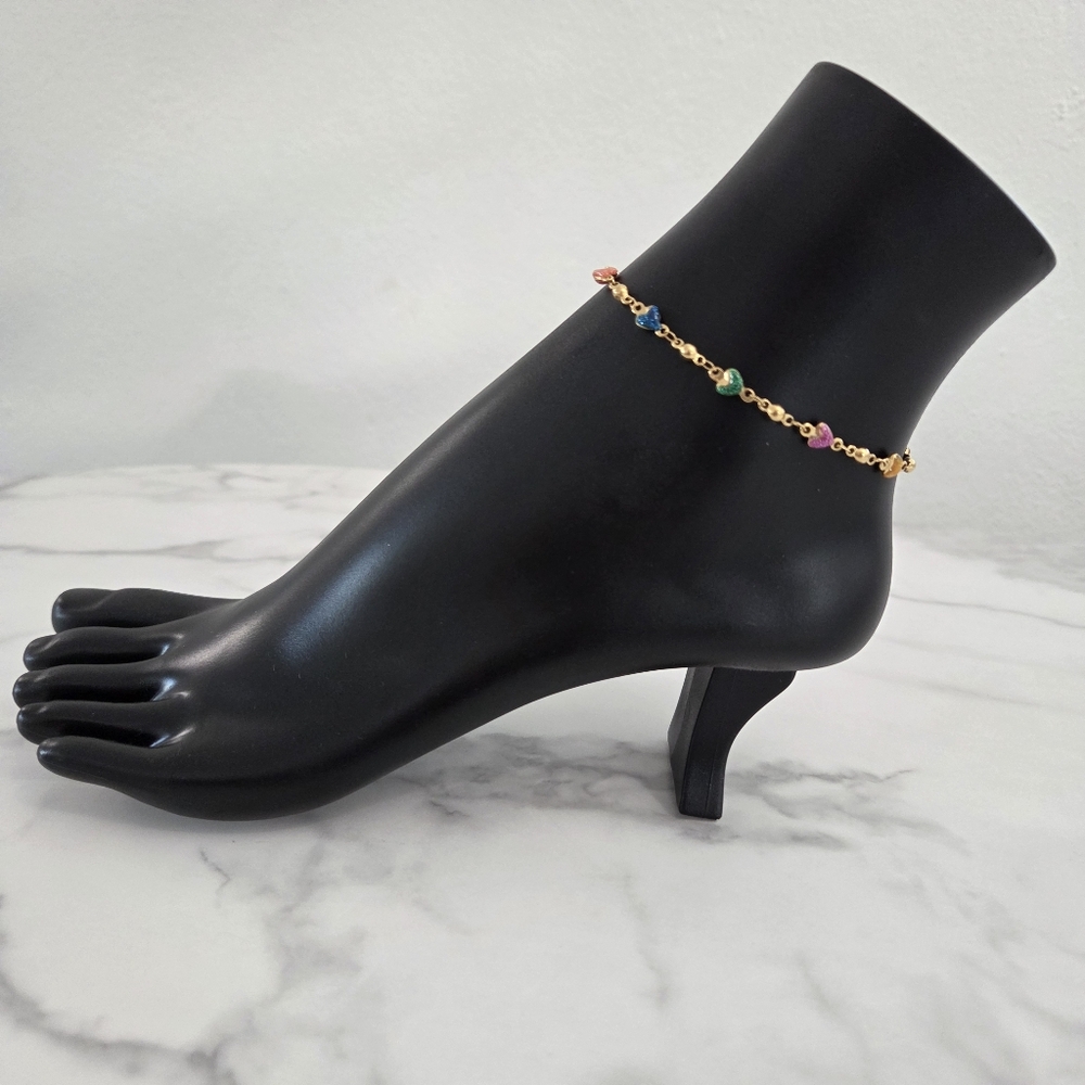 Adjustable 18k Gold Plated Anklet with Colorful Heart Charms - Picture 4 of 12